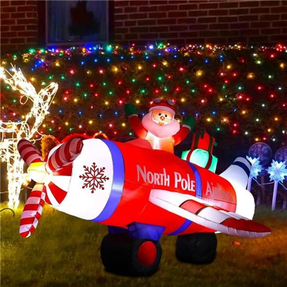 8 Ft Christmas Inflatables, Blow Up Santa Claus Flying Polar Airplane with Gift - Picture 2 of 6